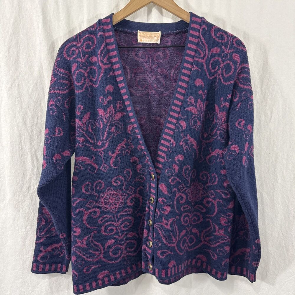 Pendleton Blue Purple Button Front Long Sleeve Wool Sweater Womens Sz L Western